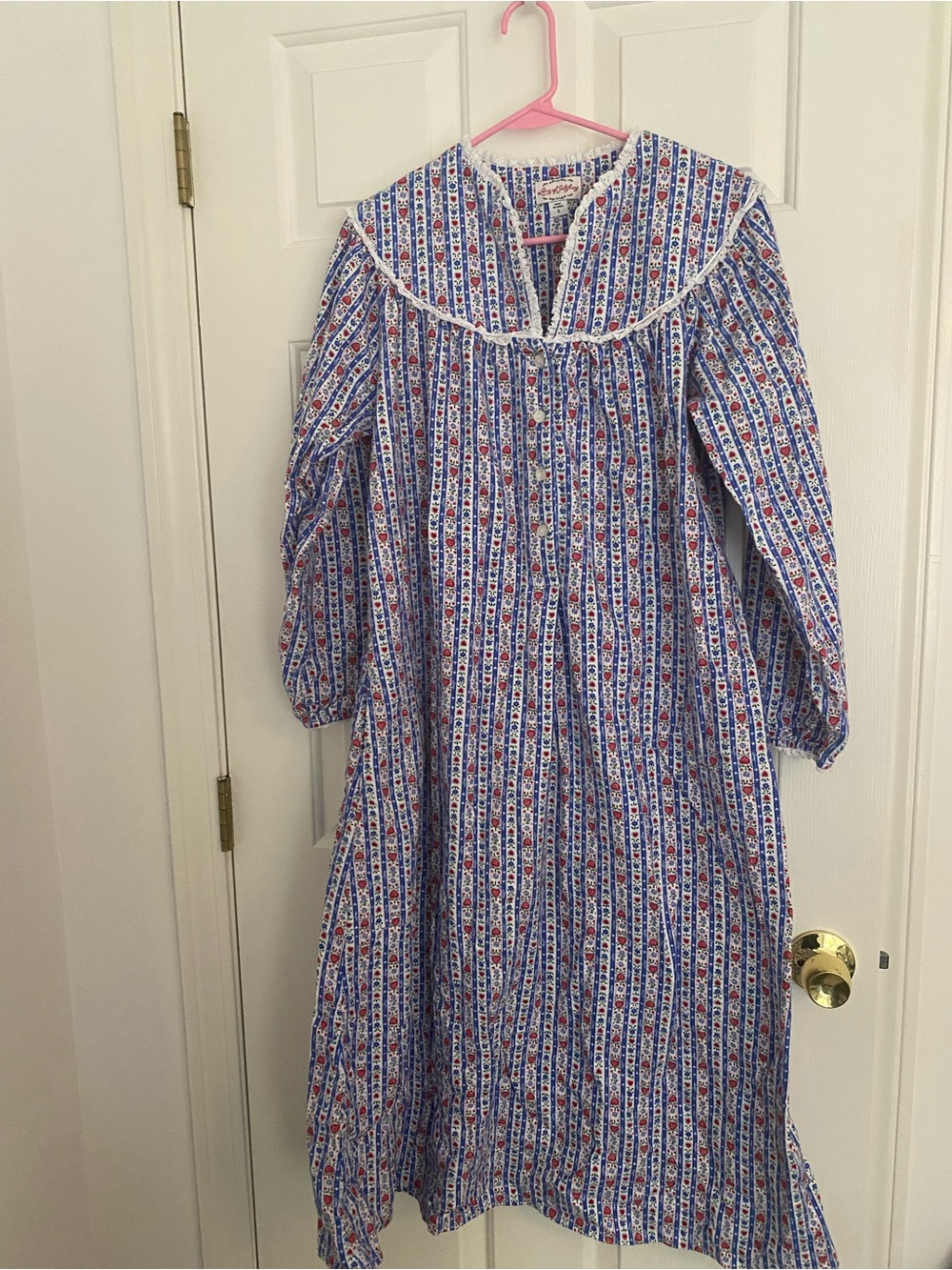 Blue Floral Stripe Long-Sleeve Nightgown with Ruffle Collar - Brand Unknown